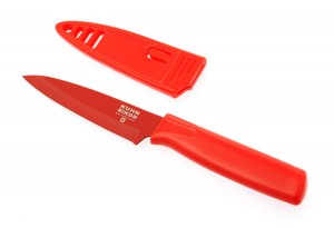 A red Kuhn Rikon paring knife